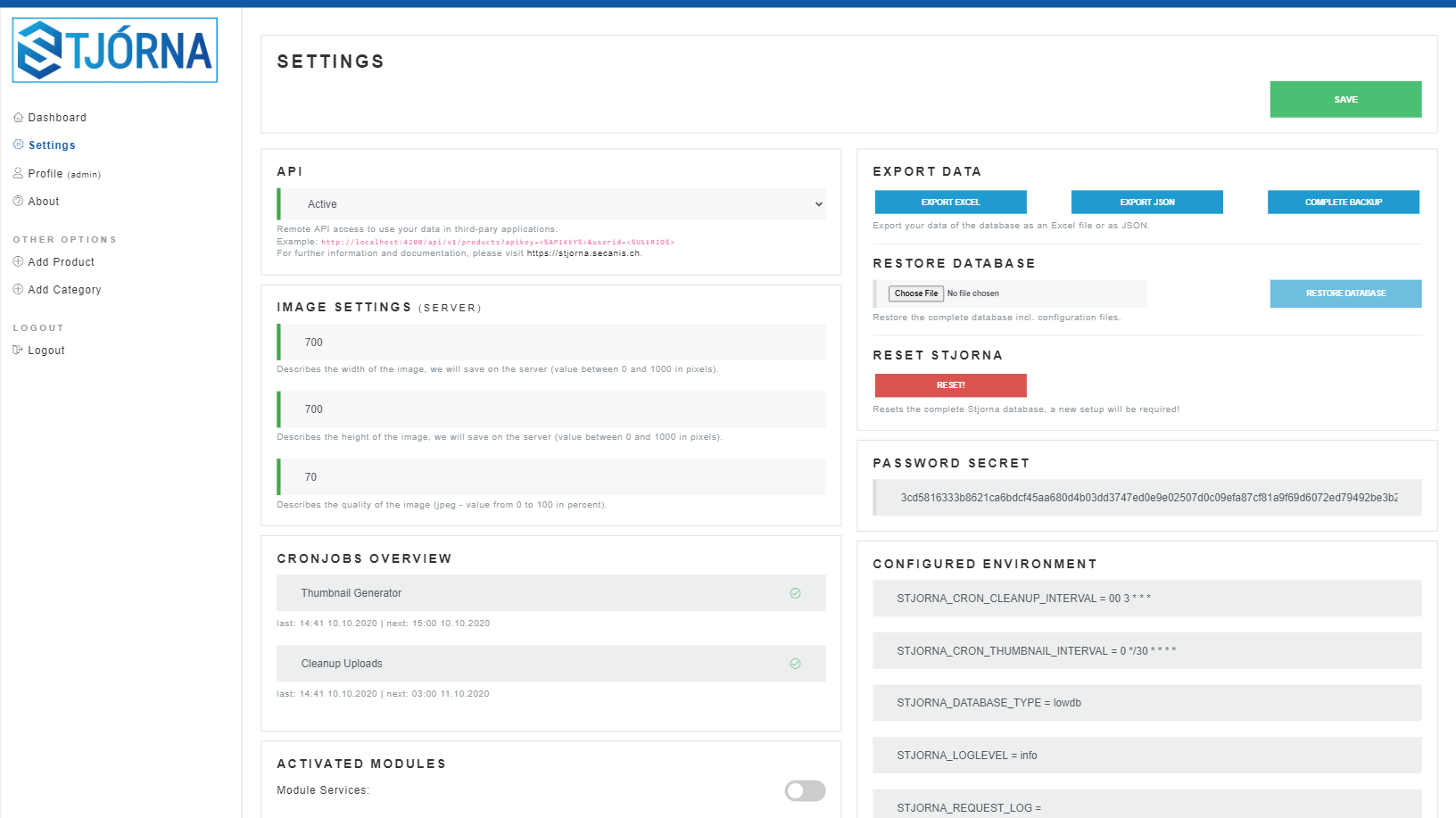 stjorna settings page