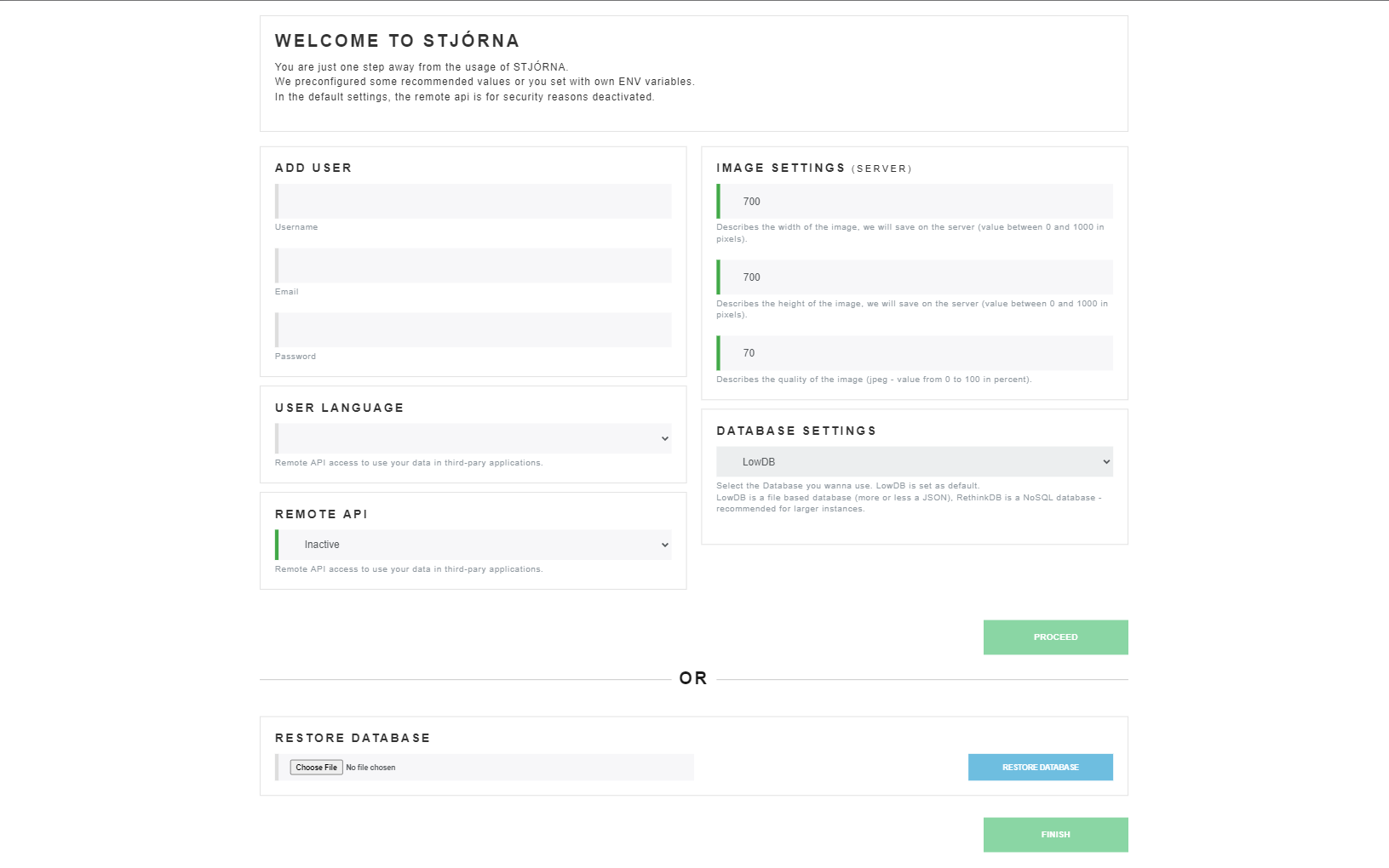 stjorna setup page